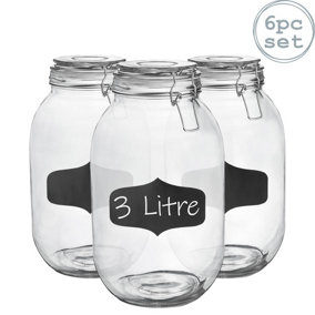 Argon Tableware - Glass Storage Jars with Labels - 3 Litre - White Seal - Pack of 6