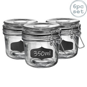 Argon Tableware - Glass Storage Jars with Labels - 350ml - Black Seal - Pack of 6