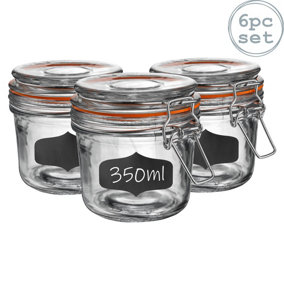 Argon Tableware - Glass Storage Jars with Labels - 350ml - Orange Seal - Pack of 6