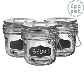 Argon Tableware - Glass Storage Jars with Labels - 350ml - White Seal - Pack of 6