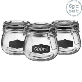 Argon Tableware - Glass Storage Jars with Labels - 500ml - Black Seal - Pack of 6
