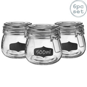 Argon Tableware - Glass Storage Jars with Labels - 500ml - Clear Seal - Pack of 6