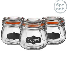 Argon Tableware - Glass Storage Jars with Labels - 500ml - Orange Seal - Pack of 6