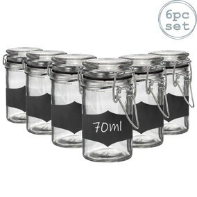 Argon Tableware - Glass Storage Jars with Labels - 70ml - Black Seal - Pack of 6
