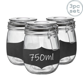 Argon Tableware - Glass Storage Jars with Labels - 750ml - Black Seal - Pack of 3