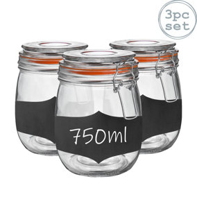 Argon Tableware - Glass Storage Jars with Labels - 750ml - Orange Seal - Pack of 3