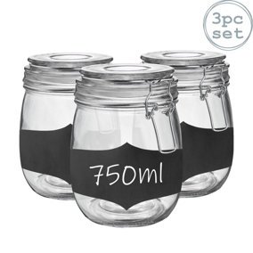 Argon Tableware - Glass Storage Jars with Labels - 750ml - White Seal - Pack of 3