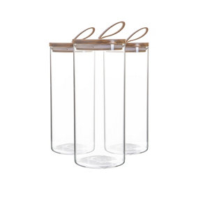 Argon Tableware - Glass Storage Jars with Wooden Lids - Leather Loop - 1.5 Litre - Pack of 3