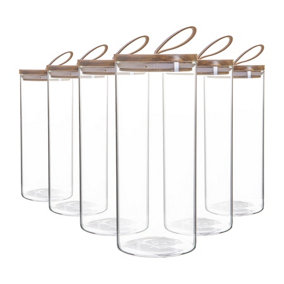 Argon Tableware - Glass Storage Jars with Wooden Lids - Leather Loop - 1.5 Litre - Pack of 6