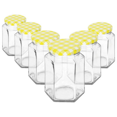 Argon Tableware Hexagonal Glass Jam Jars with Yellow Gingham Lids ...
