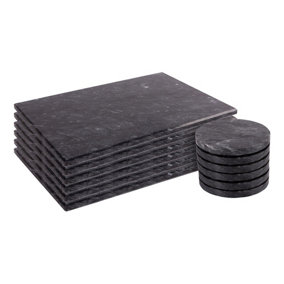 Argon Tableware - Marble Placemats & Round Coasters Set - 12pc - Black