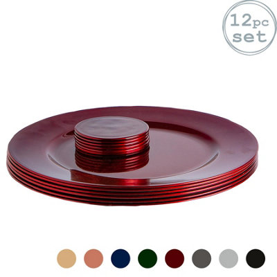 Argon Tableware - Metallic Charger Plates Set - 12pc - Dark Red