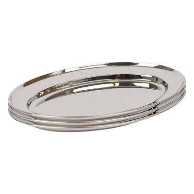 Argon Tableware Oval Stainless Steel Serving Platters - 30cm x 20.5cm - Pack of 3