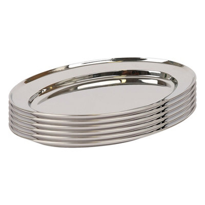 Argon Tableware Oval Stainless Steel Serving Platters - 30cm x 20.5cm - Pack of 6