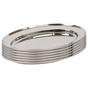 Argon Tableware Oval Stainless Steel Serving Platters - 35cm x 24cm - Pack of 6