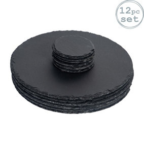 Argon Tableware - Round Slate Placemats & Coasters Set - 12pc
