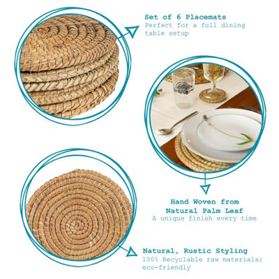 Argon Tableware - Round Woven Palm Leaf Placemats - 30cm - Pack of 6