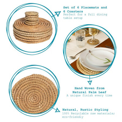 Argon Tableware - Round Woven Palm Leaf Placemats & Coasters Set - 12pc