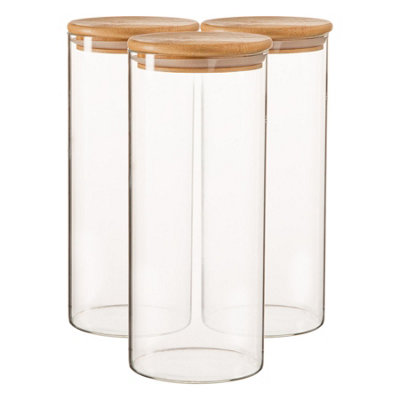 Argon Tableware - Scandi Glass Storage Jars with Wooden Lids - 1.5 Litre - Pack of 3