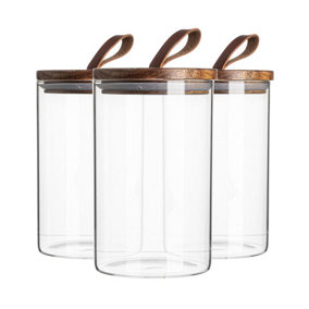 Argon Tableware - Scandi Storage Jar with Leather Loop Lid - 1 Litre - Pack of 3