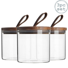 Argon Tableware - Scandi Storage Jar with Leather Loop Lid - 550ml - Pack of 3