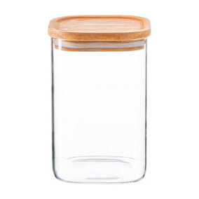 Argon Tableware - Square Glass Storage Jar with Wooden Lid - 1.1 Litre