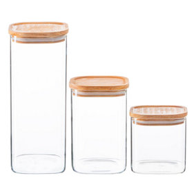 Argon Tableware - Square Glass Storage Jars Set with Wooden Lids - 3pc - Clear