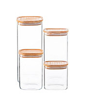Argon Tableware - Square Glass Storage Jars Set with Wooden Lids - 4pc - Clear