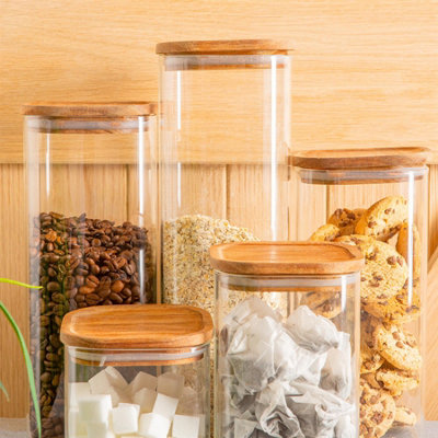 Argon Tableware - Square Glass Storage Jars Set with Wooden Lids - 5pc - Clear