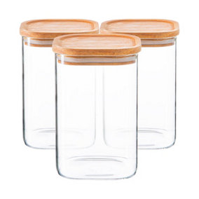 Argon Tableware - Square Glass Storage Jars with Wooden Lids - 1.1 Litre - Pack of 3