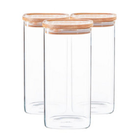 Argon Tableware - Square Glass Storage Jars with Wooden Lids - 1.5 Litre - Pack of 3