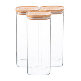 Argon Tableware - Square Glass Storage Jars with Wooden Lids - 1.9 Litre - Pack of 3