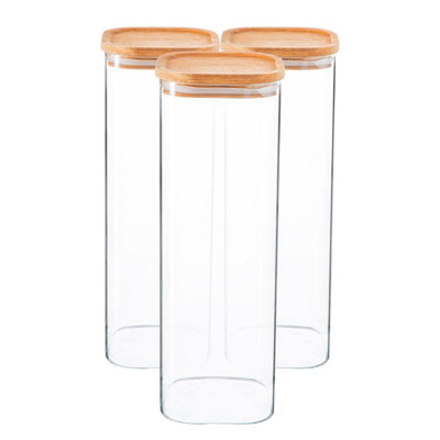 Argon Tableware Square Glass Storage Jars with Wooden Lids - 2.2 Litre - Pack of 3