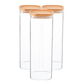 Argon Tableware - Square Glass Storage Jars with Wooden Lids - 2.2 Litre - Pack of 3