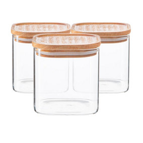 Argon Tableware - Square Glass Storage Jars with Wooden Lids - 680ml - Pack of 3
