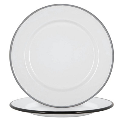 Argon Tableware - White Enamel Dinner Plates - 25.5cm - Black/Grey