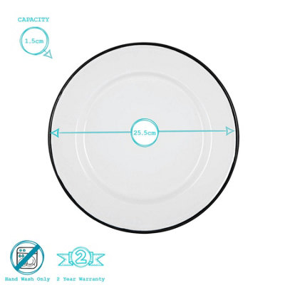 Argon Tableware - White Enamel Dinner Plates - 25.5cm - Black - Pack of 12