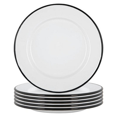 Argon Tableware - White Enamel Dinner Plates - 25.5cm - Black - Pack of 6