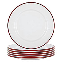 Argon Tableware - White Enamel Dinner Plates - 25.5cm - Red - Pack of 6