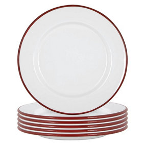 Argon Tableware - White Enamel Dinner Plates - 25.5cm - Red - Pack of 6