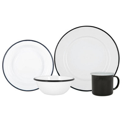 Argon Tableware - White Enamel Dinner Set - 25.5cm - 16pc - Black/White