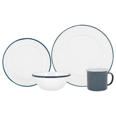 Argon Tableware - White Enamel Dinner Set - 25.5cm - 16pc - Blue