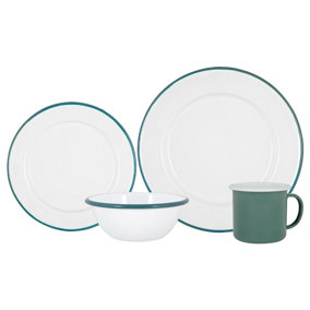 Argon Tableware - White Enamel Dinner Set - 25.5cm - 16pc - Green