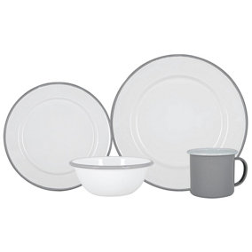 Argon Tableware - White Enamel Dinner Set - 25.5cm - 16pc - Grey