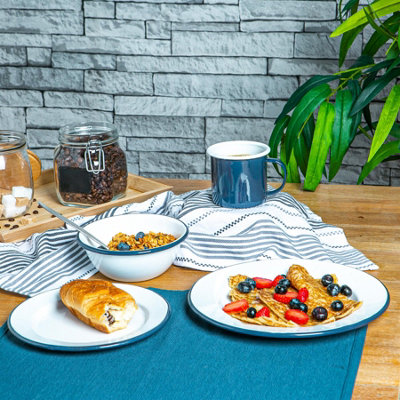 Argon Tableware - White Enamel Dinner Set - 25.5cm - 16pc - Navy