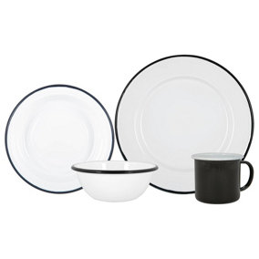 Argon Tableware - White Enamel Dinner Set - 25.5cm - 16pc - White/Black