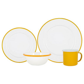 Argon Tableware - White Enamel Dinner Set - 25.5cm - 16pc - Yellow