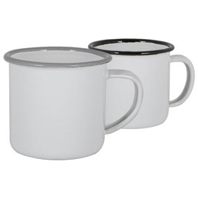 Argon Tableware - White Enamel Mugs - 375ml - Black/Grey