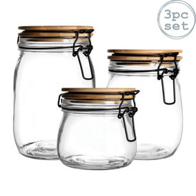 Argon Tableware - Wooden Clip Lid Storage Jar Set - 3 Sizes - Black Seal