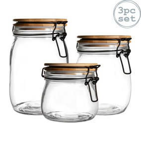 Argon Tableware - Wooden Clip Lid Storage Jar Set - 3 Sizes - Clear Seal